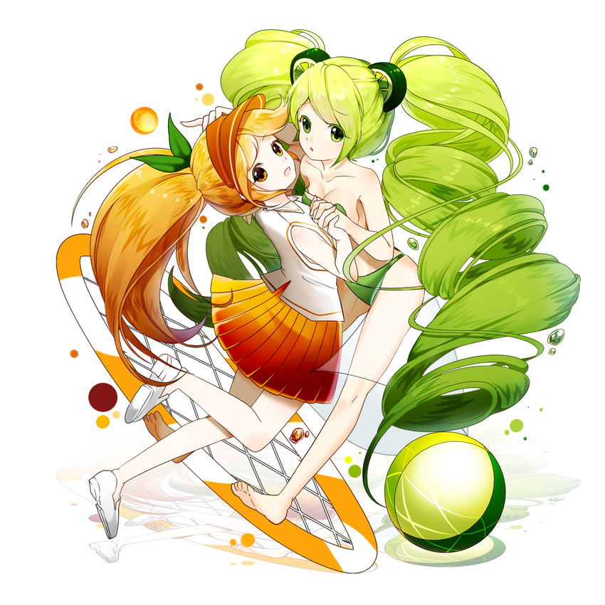 bad_id bad_pixiv_id ball barefoot beachball bikini breasts cheerleader cleavage cookie_run drill_hair green_bikini green_eyes green_hair highres holding_hands lepoule lime_cookie long_hair looking_at_viewer multiple_girls orange_cookie orange_eyes orange_hair orange_skirt personification skirt sleeveless small_breasts smile swimsuit twin_drills very_long_hair