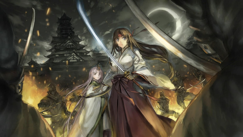 2girl 2girls absurdres black_hair breasts epic hairband highres japanese_clothes katana kimono large_breasts long_hair multiple_girls ninja official_art queen's_blade queen's_blade sword tomoe weapon