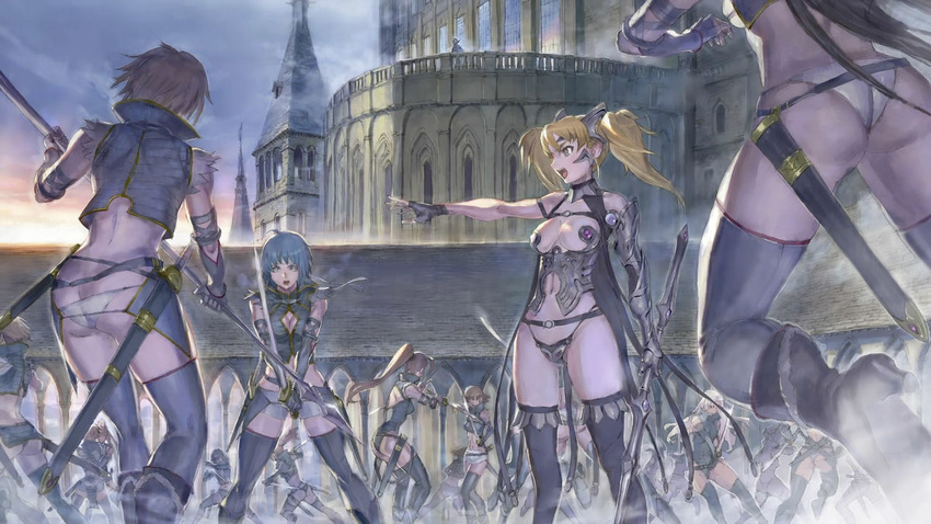 armor ass bare_shoulders bikini_armor blonde_hair blue_eyes bra breasts character_request detached_sleeves earrings elina epic female gauntlets hair_ornament high_heels highleg hobby_japan jewelry large_breasts long_hair lost_worlds multiple_girls navel open_clothes panties queen's_blade queen's_blade_rebellion queen's_blade queen's_blade_rebellion sky standing sword thighhighs thighs underwear war weapon