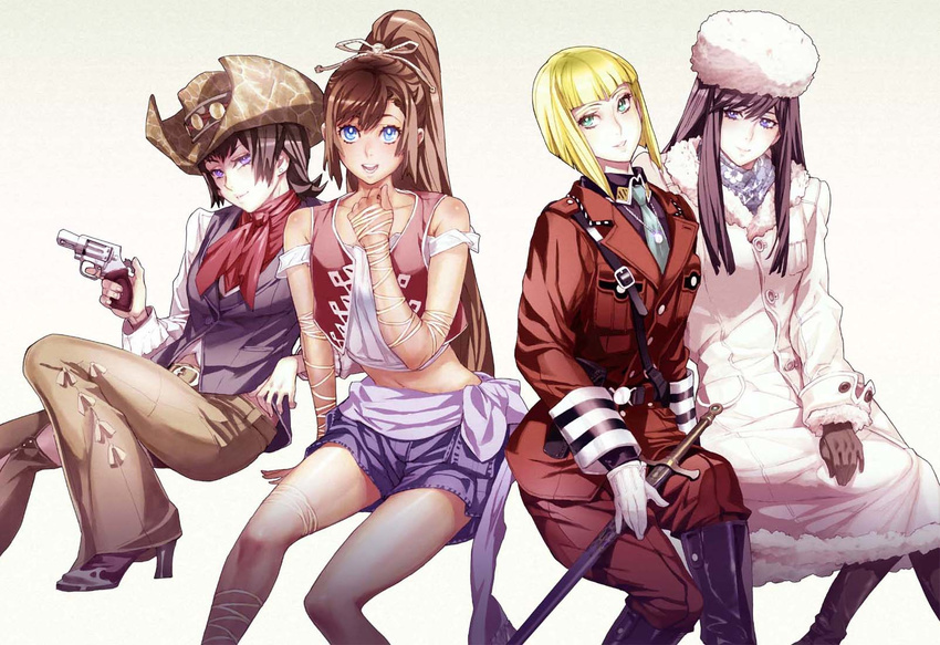 black_hair blonde_hair blue_eyes brown_hair cowboy_hat fur_hat green_eyes gun handgun hat highres kyasariro_totona long_coat long_hair maeshima_shigeki midriff milepoch_finedel multiple_girls noloty_malche ponytail purple_eyes shorts sword tatakau_shisho weapon yuri_hamlow