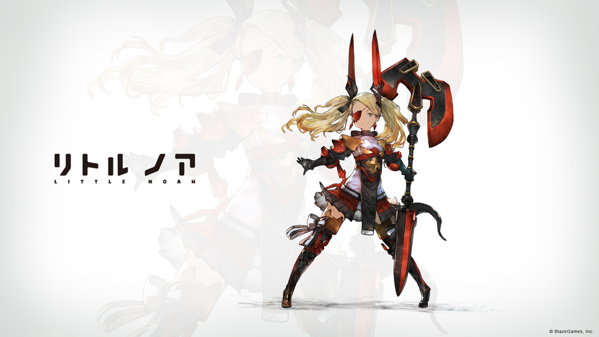 &gt;:) blonde_hair blue_eyes copyright_name eyepatch fire_axe_soldier_noah highres little_noah long_hair no_nose official_art smile solo standing thighhighs twintails v-shaped_eyebrows wallpaper weapon yoshida_akihiko zoom_layer