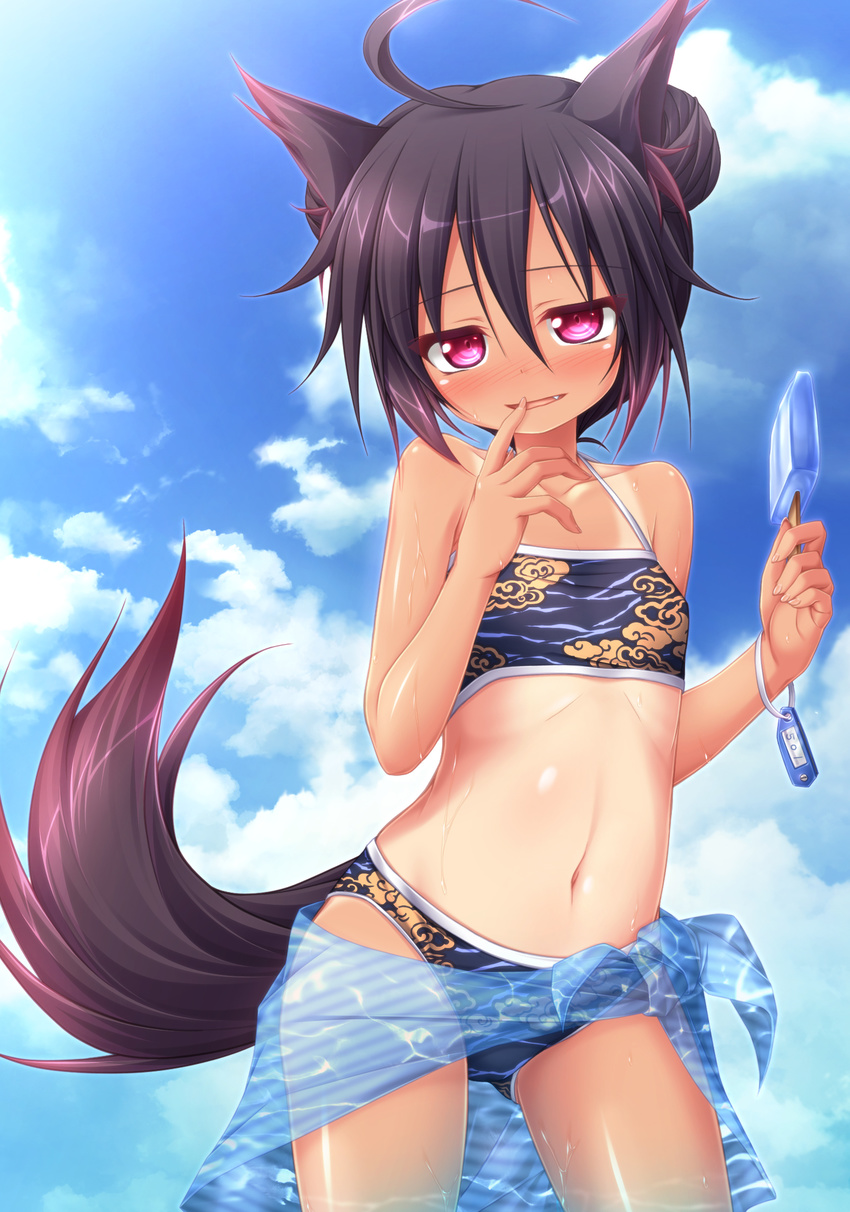 ahoge animal_ears bikini black_hair blush fang food highres mizunoe_kotaru navel one-piece_tan popsicle purple_eyes sarong short_hair smile solo swimsuit tail tan tanline