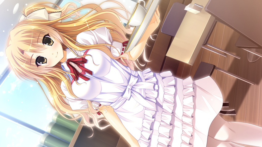 blonde_hair blush cup dress dutch_angle ecchi_de_hentai!_yakimochi_ojou-sama!! game_cg goma_satoshi highres kurusugawa_alice long_hair looking_at_viewer ribbon smile solo teacup tray waitress wavy_hair white_dress white_legwear