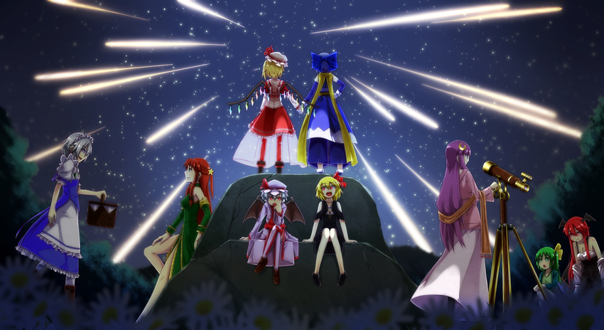 :d adapted_costume alternate_hairstyle bare_shoulders bat_wings blonde_hair blue_hair boots cirno crescent crescent_hair_ornament crossed_legs daiyousei flandre_scarlet flower frilled_skirt frills green_eyes green_hair hair_ornament hat highres holding_hands hong_meiling izayoi_sakuya koakuma long_hair long_sleeves meteor_shower mob_cap multiple_girls night no_hat no_headwear open_mouth patchouli_knowledge picnic_basket purple_hair red_eyes red_hair remilia_scarlet rumia rurushia scarf shoes short_hair short_sleeves side_ponytail silver_hair sitting skirt sky smile star star_(sky) starry_sky telescope the_embodiment_of_scarlet_devil touhou wings