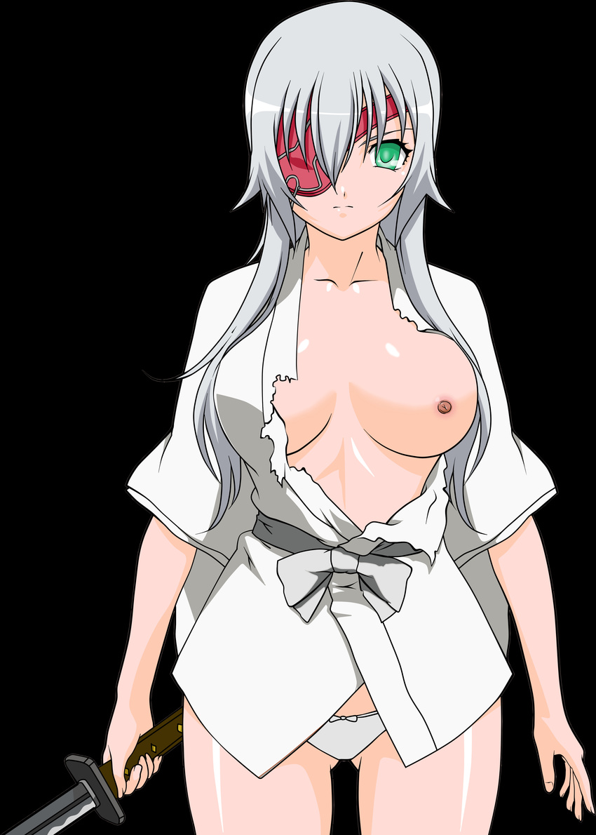 1girl breasts eyepatch hyakka_ryouran_samurai_girls nipples no_bra panties simple_background solo torn_clothes transparent_background transparent_png underwear vector_trace yagyuu_gisen