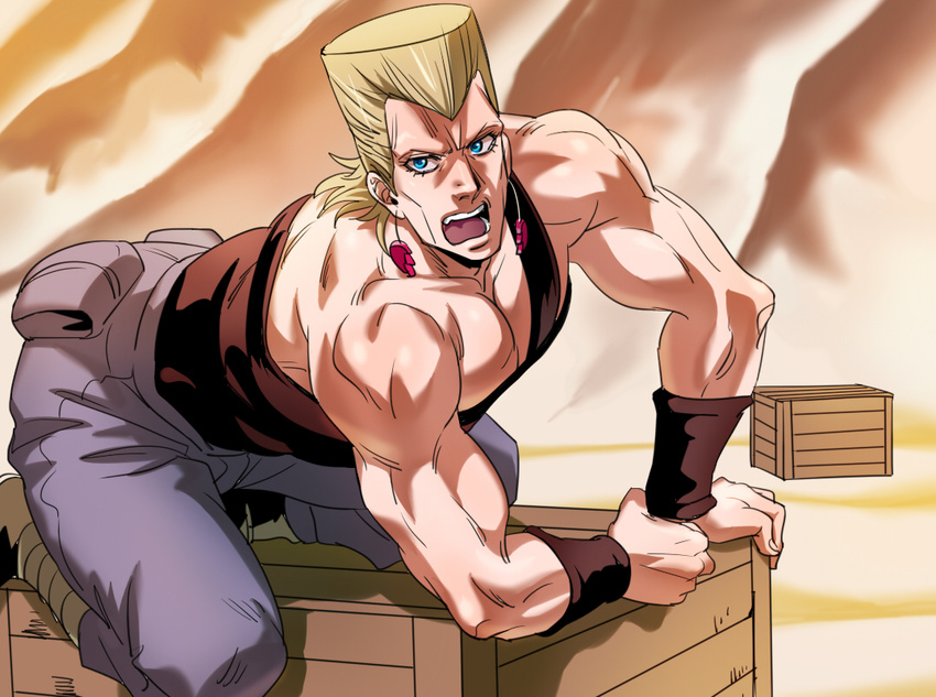 anz blonde_hair blue_eyes crate desert earrings jean_pierre_polnareff jewelry jojo_no_kimyou_na_bouken male_focus muscle solo