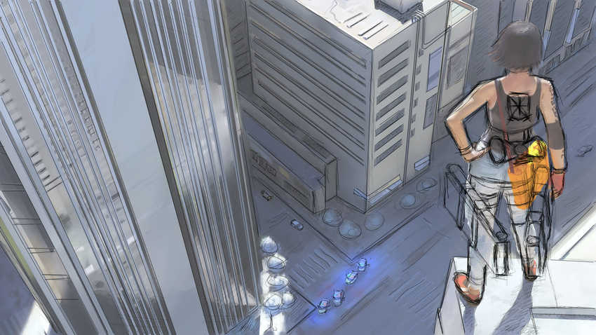 black_hair building cityscape elbow_pads faith_connors gloves hand_on_hip highres looking_down mirror's_edge parody shingeki_no_kyojin shoes short_hair single_glove sketch skyscraper sneakers solo takeda_iori tank_top tattoo three-dimensional_maneuver_gear work_in_progress