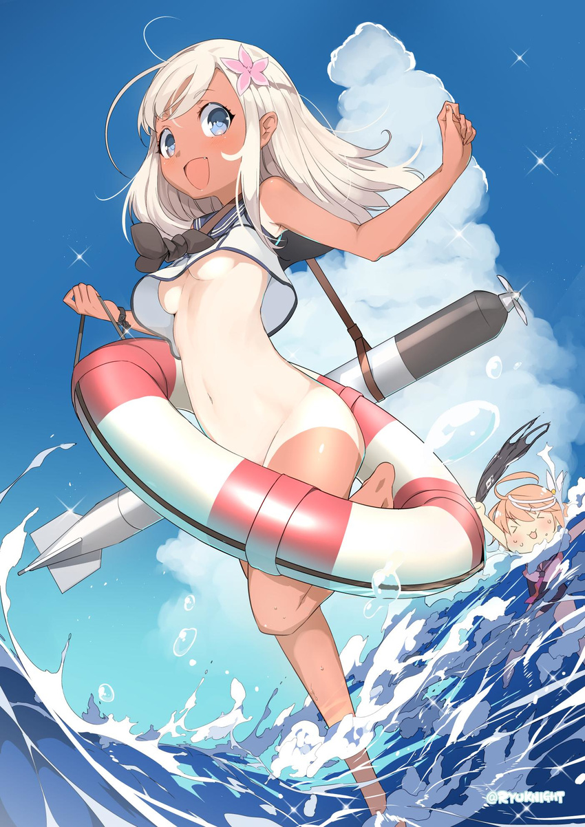&gt;_&lt; :3 :d assisted_exposure barefoot blonde_hair blush bottomless breasts closed_eyes clothes_theft convenient_censoring crop_top dark_skin embarrassed fang highres holding holding_swimsuit i-58_(kantai_collection) jpeg_artifacts kantai_collection lifebuoy long_hair multiple_girls naitou_ryuu navel no_bra one-piece_swimsuit_removed one-piece_tan open_mouth ro-500_(kantai_collection) school_swimsuit small_breasts smile swimsuit swimsuit_removed swimsuit_theft tan tanline theft torpedo twitter_username underboob