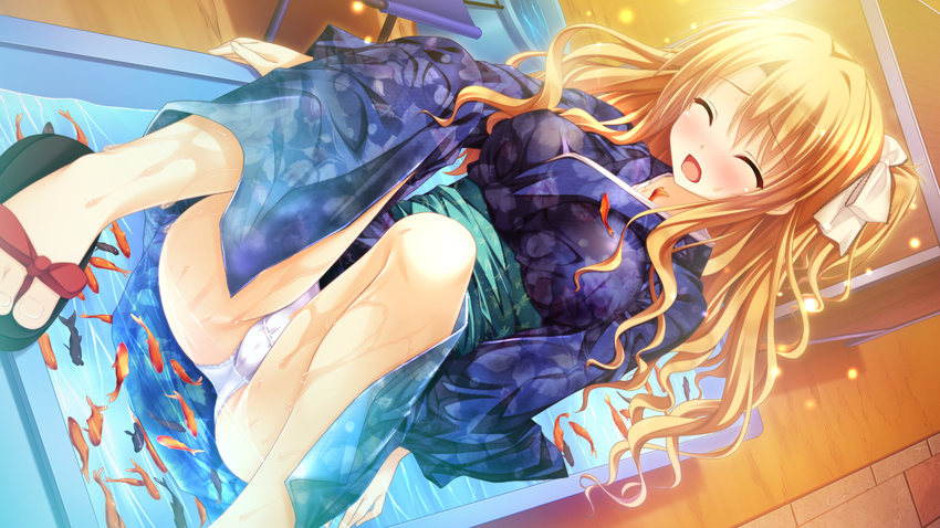 ass bare_legs blonde_hair blush closed_eyes ecchi_de_hentai!_yakimochi_ojou-sama!! festival fish game_cg goldfish goldfish_scooping goma_satoshi hair_ribbon half_updo highres japanese_clothes kimono kurusugawa_alice long_hair open_mouth panties pantyshot pantyshot_(sitting) ribbon sandals sitting solo underwear wavy_hair wet wet_clothes white_panties