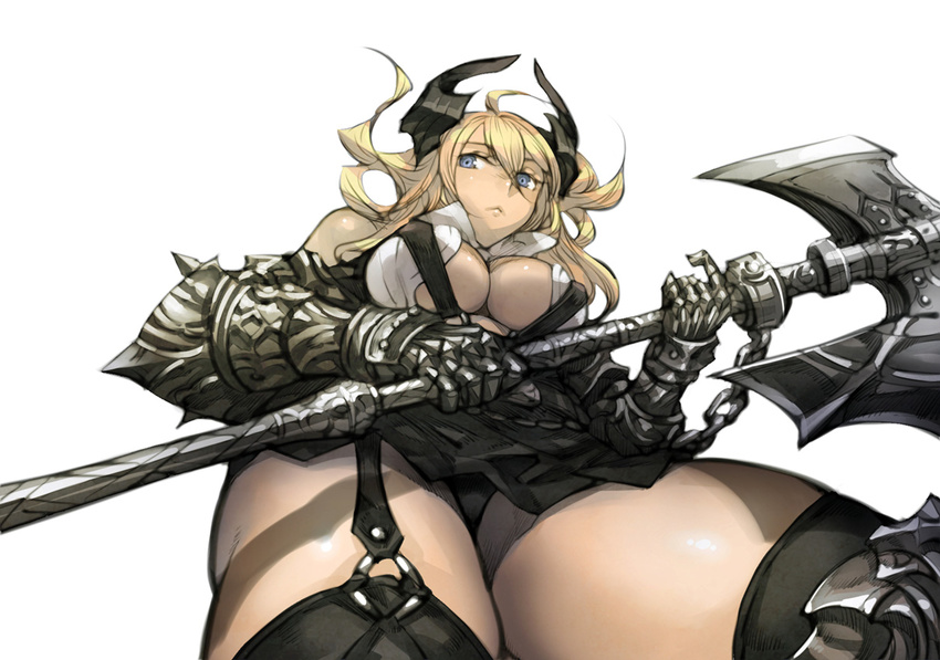 axe battle_axe black_legwear blonde_hair blue_eyes breasts cleavage garter_straps gauntlets holding holding_weapon horns large_breasts long_hair original shinazo simple_background solo thighhighs weapon white_background