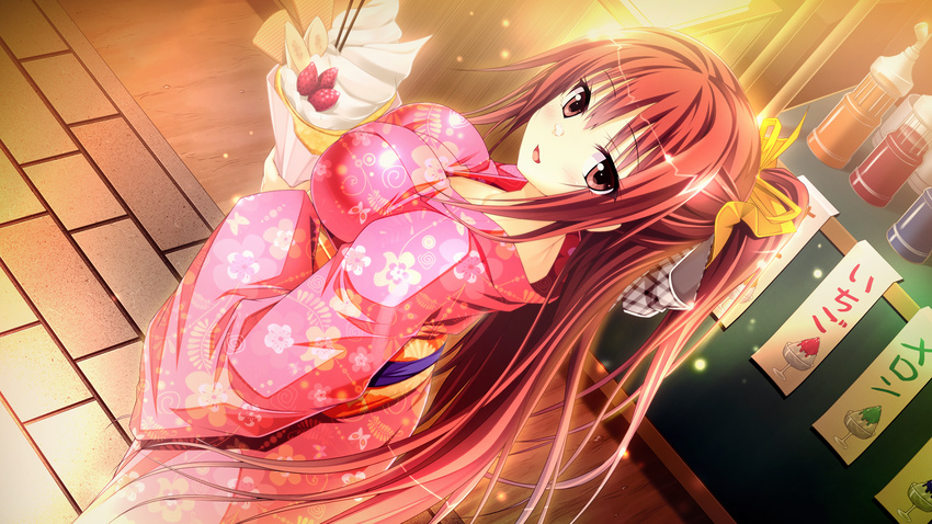 bow breasts cream crepe ecchi_de_hentai!_yakimochi_ojou-sama!! festival food food_on_face from_above game_cg hair_bow highres japanese_clothes kimono large_breasts long_hair looking_at_viewer looking_back pink_kimono ponytail red_eyes red_hair satofuji_masato shiratori_mayu solo very_long_hair yukata