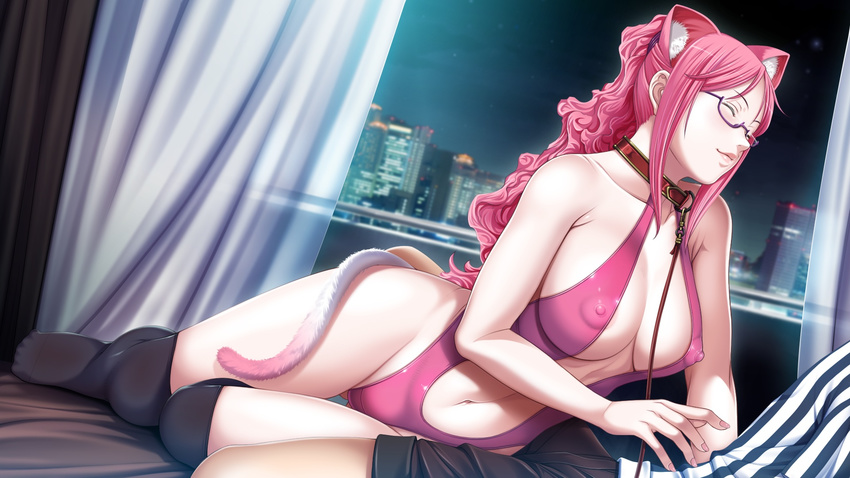animal_ears bed blush breasts cat_ears closed_eyes collar covered_nipples game_cg glasses happy highres kneehighs kusukawa_suzune large_breasts leash leotard long_hair night nipples p/a_~potential_ability~ pink_hair pink_leotard sei_shoujo solo tail