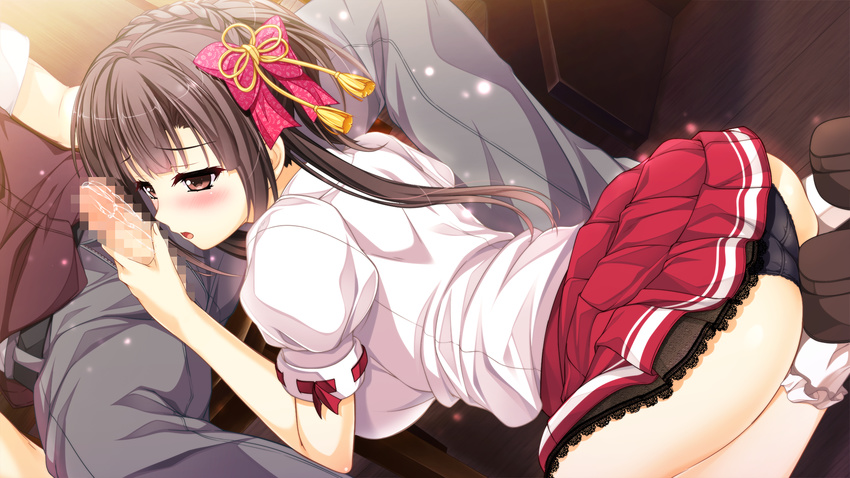 1girl ass black_panties blush braid brown_eyes brown_hair censored cum dutch_angle ecchi_de_hentai!_yakimochi_ojou-sama!! game_cg hair_ornament handjob hetero highres kneeling lace lace-trimmed_skirt long_hair looking_at_another mosaic_censoring open_mouth panties penis penis_awe school_uniform shinomori_kazuha sitting skirt underwear yoshi_hyuuma