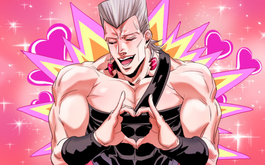 anz closed_eyes derivative_work earrings grey_hair heart heart_hands jean_pierre_polnareff jewelry jojo_no_kimyou_na_bouken male_focus muscle screencap_redraw solo sparkle wristband