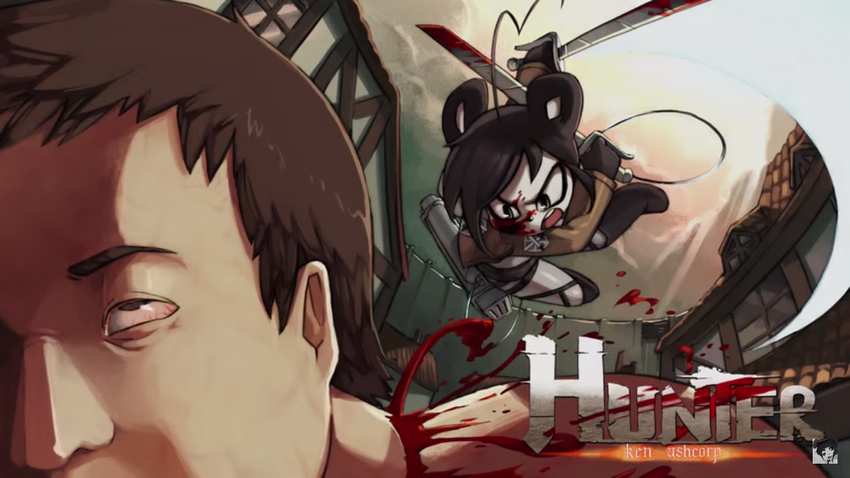 animal_ears black_hair blood blood_on_face blood_splatter blue_eyes boots cable cutting dual_wielding emblem flat_chest furry giant holding jacket junkpuyo kenny_(ken_ashcorp) knee_boots original panda_ears paradis_military_uniform shingeki_no_kyojin short_hair solo sword three-dimensional_maneuver_gear titan_(shingeki_no_kyojin) training_corps_(emblem) watermark weapon