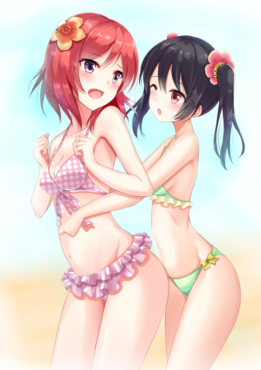 :o ;o bikini bikini_skirt black_hair blush breasts cowboy_shot frilled_bikini frills from_side highres karumayu love_live! love_live!_school_idol_project medium_breasts multiple_girls natsuiro_egao_de_1_2_jump! nishikino_maki one_eye_closed open_mouth polka_dot polka_dot_bikini polka_dot_swimsuit purple_eyes red_hair short_hair sideboob small_breasts smile standing striped striped_bikini swimsuit twintails yazawa_nico yuri