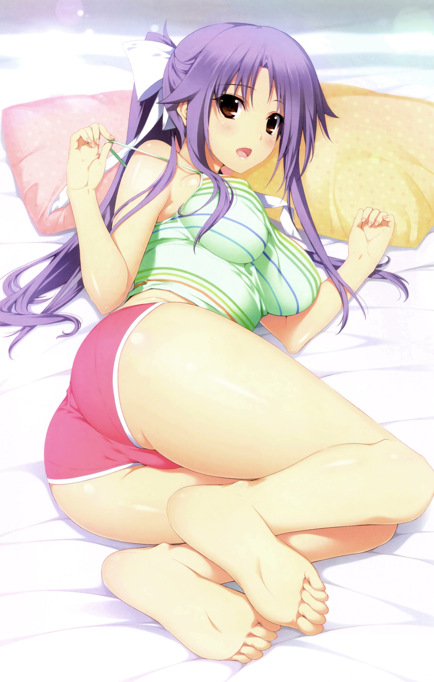 absurdres ass bare_legs barefoot bed_sheet bow boyshorts breasts brown_eyes camisole feet foreshortening hair_bow highres iizuki_tasuku indoors large_breasts long_hair looking_at_viewer lovely_x_cation_2 lying narukawa_hime on_bed on_side open_mouth pantylines pillow ponytail purple_hair scan shiny shiny_skin shorts sidelocks soles solo strap_slip toes