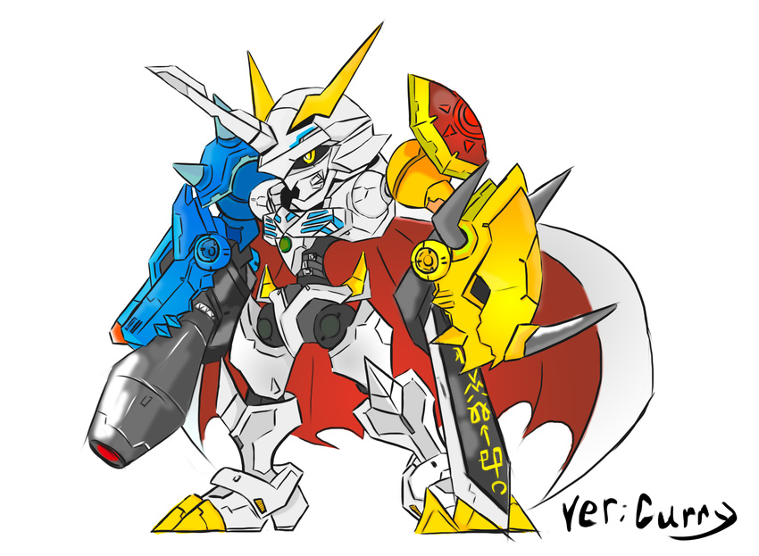 arm_cannon armor cannon cape chibi digimon full_armor horns monster no_humans omegamon red_eyes royal_knights shoulder_pads simple_background solo sword weapon white_background