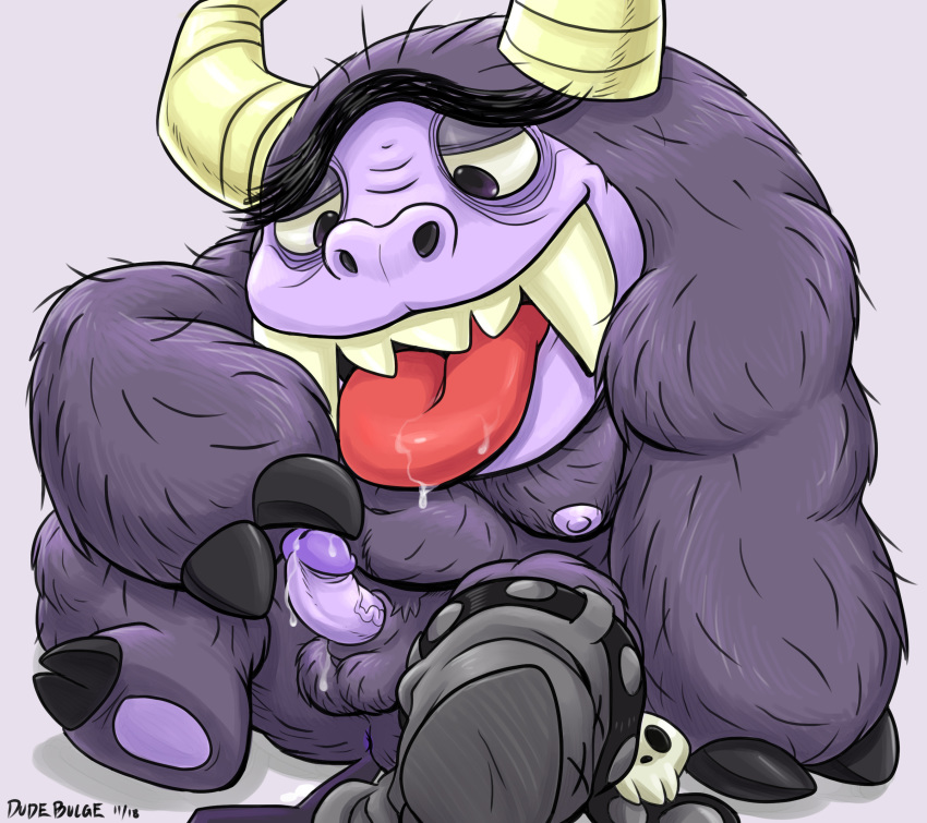 2018 anus balls big_head bovine cartoon_network dudebulge eduardo erection foster's_home_for_imaginary_friends front_view grey_background hair hi_res horn humanoid_penis looking_at_self looking_down mammal monster navel nipples open_mouth penis purple_body purple_eyes purple_hair saliva signature simple_background sitting tongue tongue_out vein veiny_penis