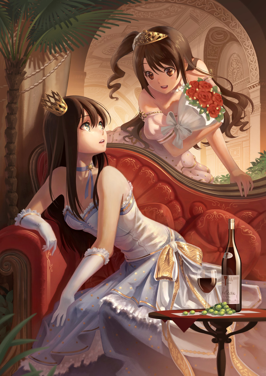 bottle bouquet breasts brown_eyes brown_hair choker couch crown cup cushion dress drinking_glass elbow_gloves flower food fruit gloves grapes green_eyes highres idolmaster idolmaster_cinderella_girls jewelry long_hair mini_crown multiple_girls necklace one_side_up open_mouth pinakes shibuya_rin shimamura_uzuki small_breasts smile star star_print tiara white_gloves wine_bottle wine_glass