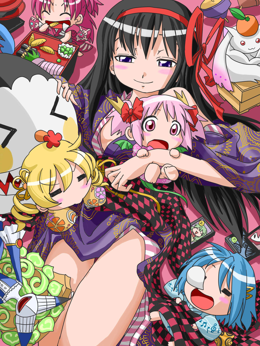 :&gt; :3 :d :o =_= ^_^ akemi_homura barefoot beamed_eighth_notes black_hair blonde_hair blush blush_stickers bow breasts charlotte_(madoka_magica) chibi cleavage closed_eyes commentary_request drill_hair eating eighth_note food fruit hair_bow hair_ornament hair_ribbon hairclip hand_on_another's_head highres hohetomaru holding japanese_clothes kaname_madoka kimono kyubey long_hair lying mahou_shoujo_madoka_magica mami_mogu_mogu miki_sayaka minigirl monster mouth_hold multiple_girls musical_note nose_bubble obentou off_shoulder on_back open_mouth orange pink_eyes pink_hair purple_eyes quarter_note red_eyes ribbon sakura_kyouko sharp_teeth shizuki_hitomi short_hair short_twintails sleeping small_breasts smile snoring spinning_top surprised teeth thighs tomoe_mami treble_clef twin_drills twintails walpurgisnacht_(madoka_magica) wide-eyed witch_(madoka_magica)