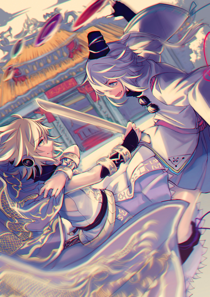 battle belt blonde_hair blue_eyes cape duel earmuffs hat highres japanese_clothes kariginu long_hair long_sleeves looking_at_another mausoleum mononobe_no_futo multiple_girls open_mouth ponytail skirt sleeveless tate_eboshi touhou toyosatomimi_no_miko vento white_hair wide_sleeves wristband yellow_eyes