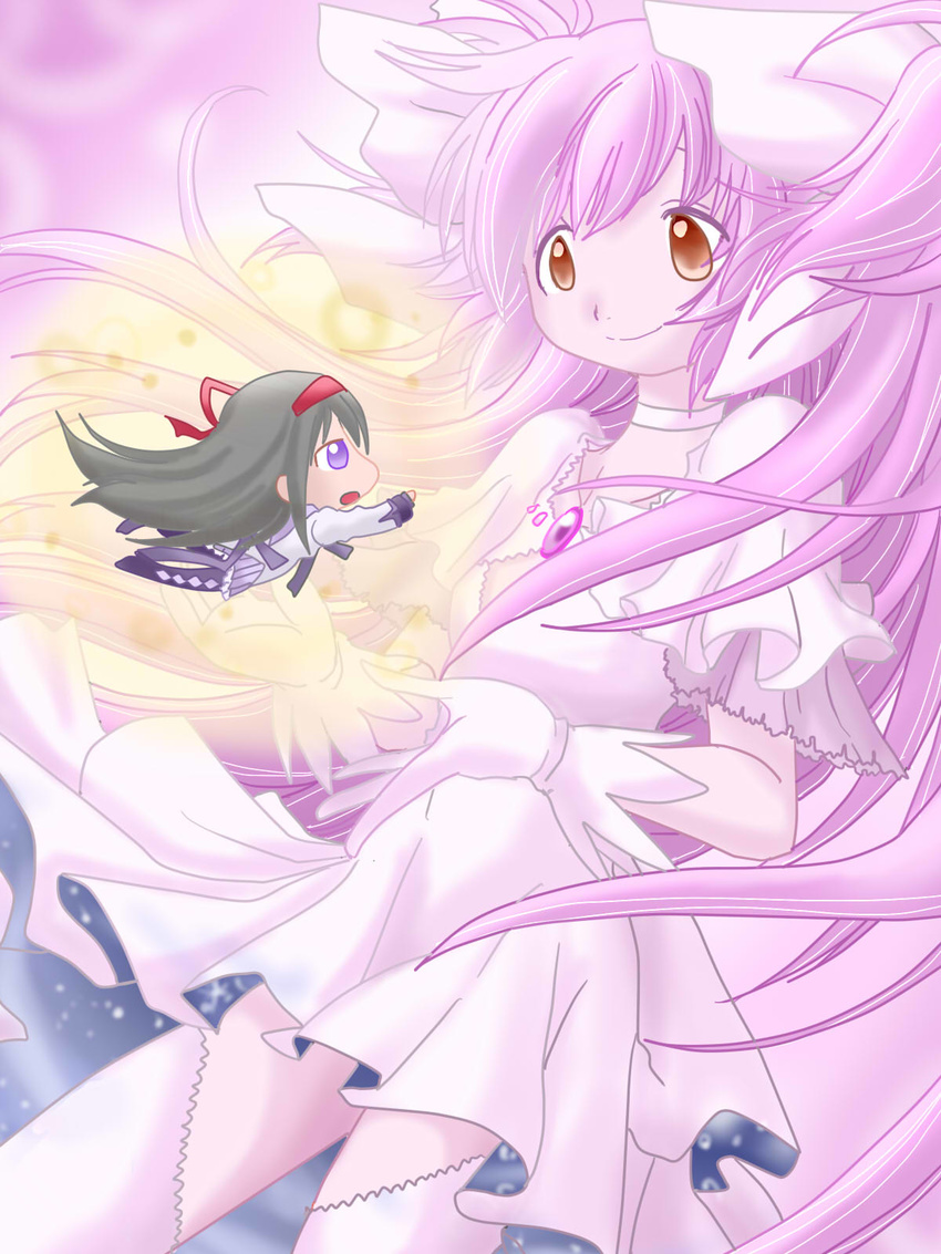 akemi_homura black_hair brown_eyes chibi choker commentary_request dress eye_contact giantess gloves hair_ribbon highres hohetomaru kaname_madoka long_hair looking_at_another magical_girl mahou_shoujo_madoka_magica multiple_girls open_mouth pink_hair purple_eyes ribbon size_difference smile spoilers thighhighs two_side_up ultimate_madoka very_long_hair