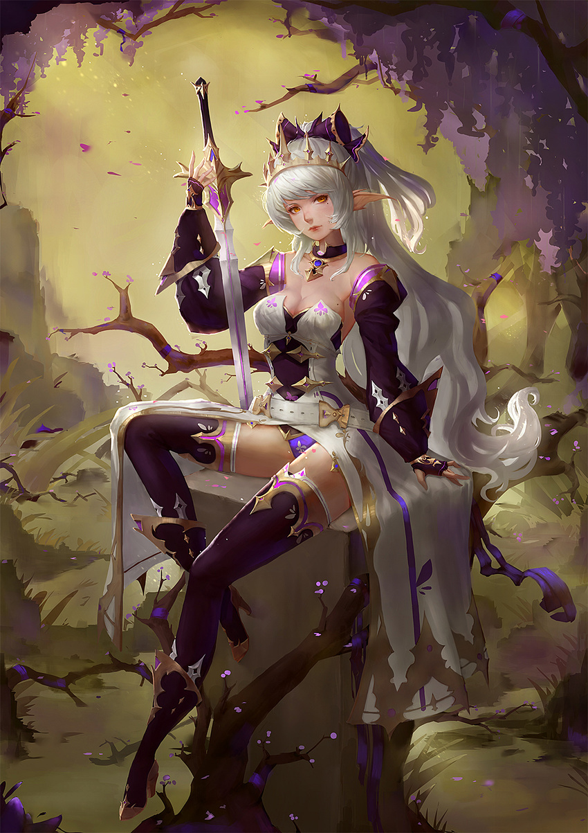 bare_shoulders belt boots bow breasts bridal_gauntlets brown_eyes chinese cleavage crown detached_collar detached_sleeves forest hair_bow high_heel_boots high_heels highres lips long_hair medium_breasts mole mole_on_breast mole_under_eye nature original shori_bun silver_hair sitting solo sword thighhighs tree very_long_hair weapon