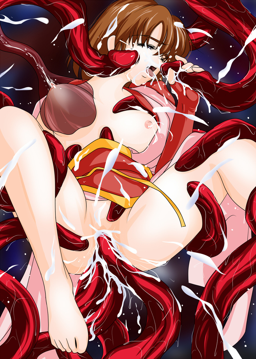 1girl amatsu_mai barefoot breasts brown_hair gradient gradient_background multiple_insertions nipples sex short_hair tentacle twin_angels vaginal