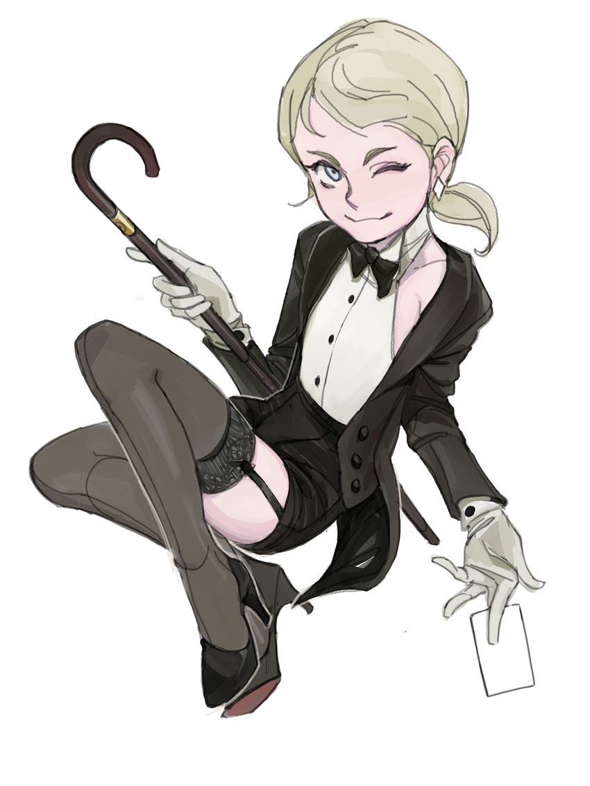 absurdres black_legwear blonde_hair blue_eyes cane coattails flat_chest full_body garter_straps gloves high_heels highres long_hair one_eye_closed original ponytail season_(artist) smile solo thighhighs tuxedo white_gloves whitney_kawinski