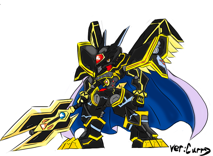 alphamon alphamon_ouryouken armor cape chibi digimon full_armor gauntlets horns ky?kyoku_senjin_oury?ken kyÅ«kyoku_senjin_ouryÅ«ken monster no_humans red_eyes royal_knights shoulder_pads simple_background solo sword weapon white_background white_cape wings