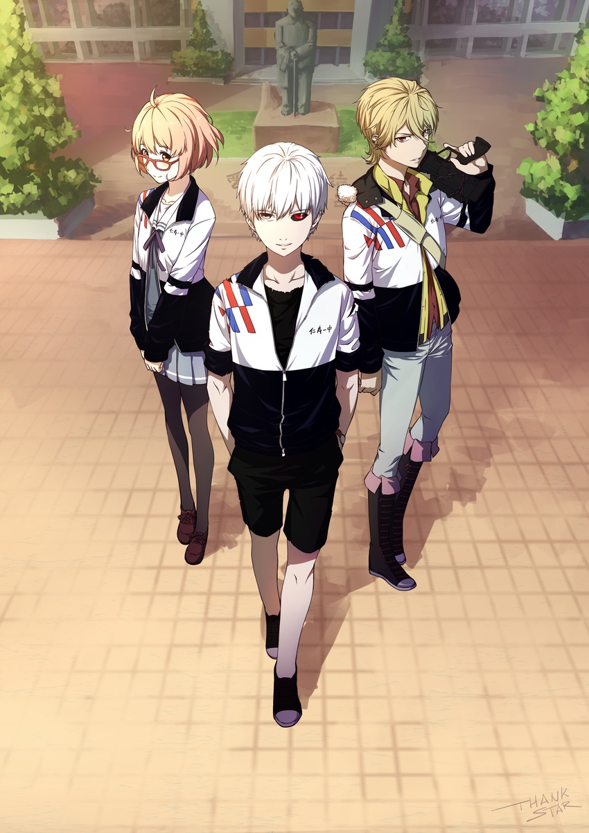 2boys absurdres black_sclera blonde_hair brown_eyes crossover daye_bie_qia_lian fuwa_mahiro glasses gun hands_in_pockets highres jacket kaneki_ken kuriyama_mirai kyoukai_no_kanata looking_at_viewer multiple_boys pantyhose pink_hair red-framed_eyewear red_eyes school_uniform short_hair smile statue tokyo_ghoul track_jacket trigger_discipline weapon white_hair zetsuen_no_tempest