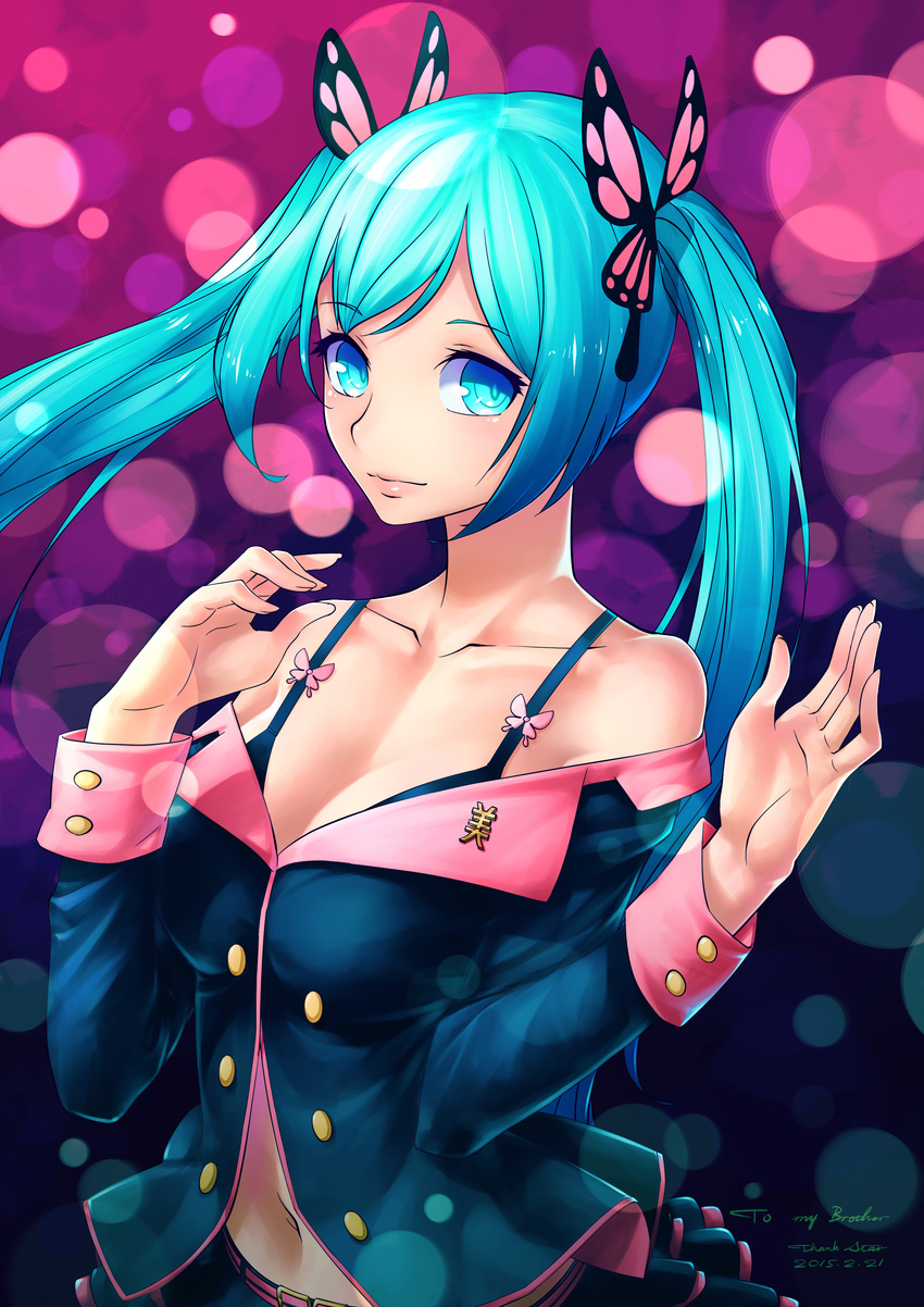absurdres blue_eyes blue_hair bra butterfly_hair_ornament collarbone dated daye_bie_qia_lian hair_ornament hatsune_miku highres honey_whip_(module) jacket lens_flare light_smile long_hair looking_at_viewer navel off_shoulder project_diva_(series) project_diva_f solo sweet_devil_(vocaloid) twintails underwear vocaloid