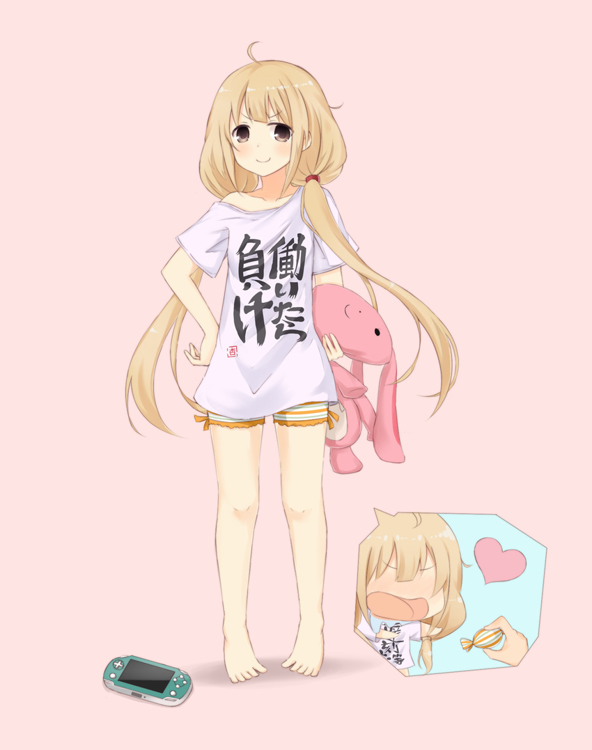barefoot blonde_hair blush brown_eyes candy clothes_writing food futaba_anzu google_(asdek18) handheld_game_console heart highres holding idolmaster idolmaster_cinderella_girls long_hair looking_at_viewer pink_background shirt short_shorts shorts smile solo standing stuffed_animal stuffed_bunny stuffed_toy t-shirt translated twintails you_work_you_lose