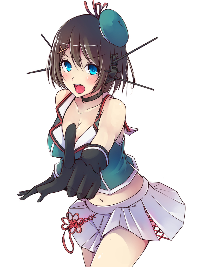 black_gloves blue_eyes blush breasts brown_hair cleavage collarbone cowboy_shot gloves hair_ornament hairclip hat headgear highres index_finger_raised kantai_collection korezyanai large_breasts looking_at_viewer maya_(kantai_collection) midriff miniskirt navel open_mouth pleated_skirt remodel_(kantai_collection) short_hair simple_background skirt solo white_background