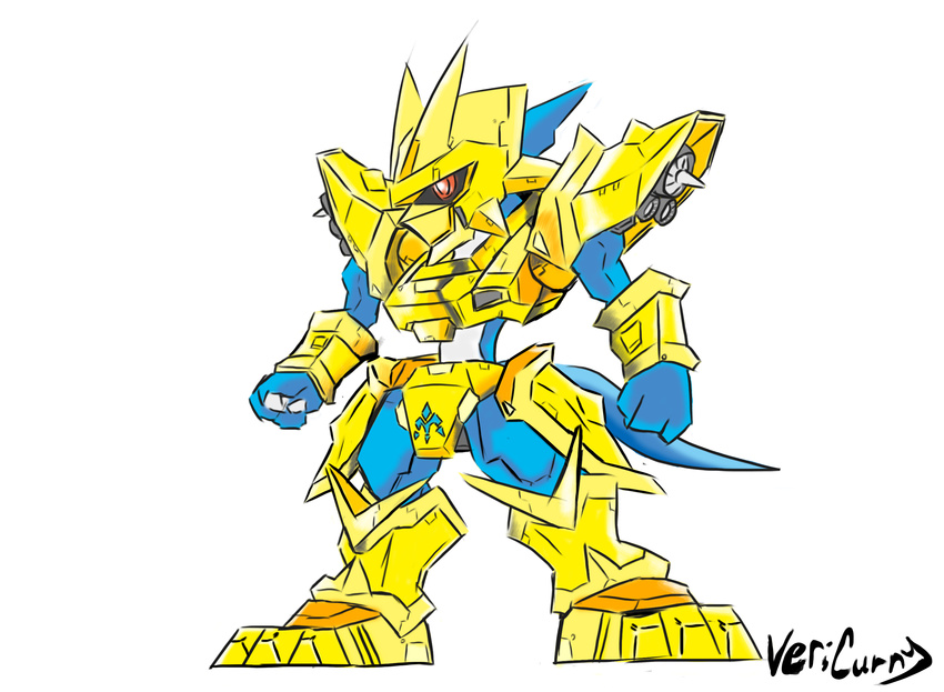 1boy armor artist_name digimon gauntlets gold horns kazkazkaz magnamon monster muscle no_humans one_knee red_eyes royal_knights shoulder_pads simple_background solo tail