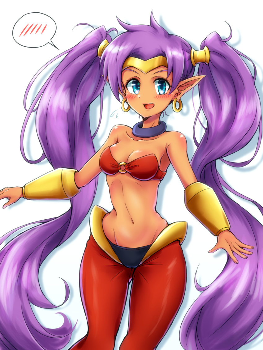 1girl :d alternate_hairstyle bandeau blue_eyes blush bracer breasts choker circlet cleavage collarbone commentary_request dark_skin earrings harem_pants highres hoop_earrings jewelry long_hair looking_at_viewer midriff navel o-ring o-ring_top open_mouth pants pointy_ears purple_choker purple_hair red_pants shantae_(character) shantae_(series) small_breasts smile solo speech_bubble spoken_blush sweatdrop twintails very_long_hair wakaba_(wata_ridley) white_background