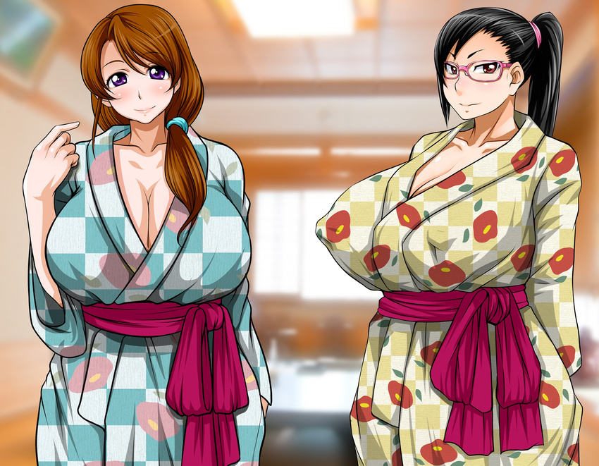 2girls black_hair breasts cleavage glasses highres huge_breasts multiple_girls oreteki18kin