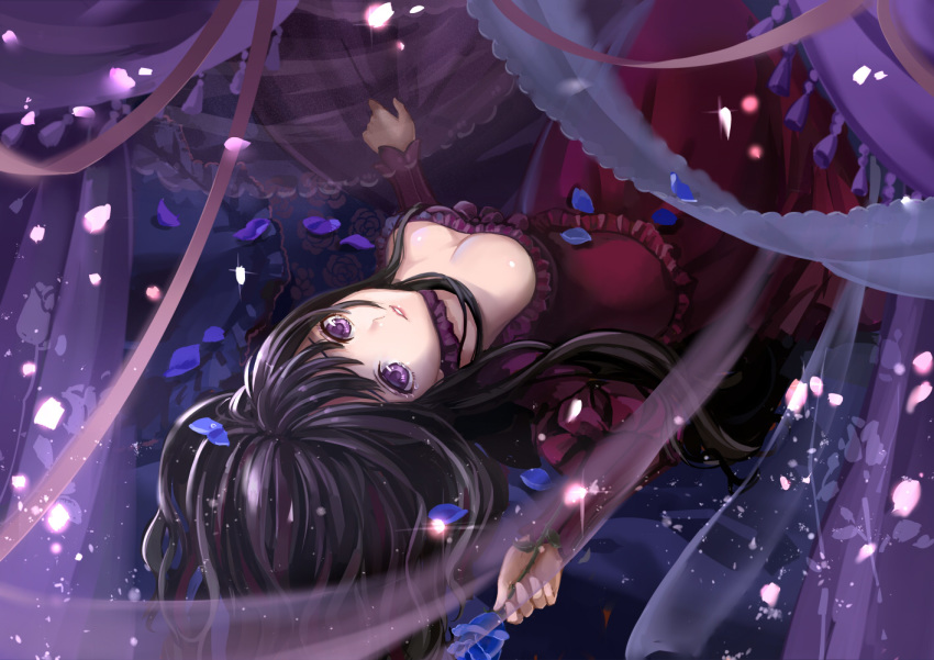 1girl aohigeko bangs black_hair blue_flower blue_petals blue_rose breasts cleavage curtain_grab curtains dress flower long_dress long_hair long_sleeves looking_at_viewer lying marchen monogo on_back parted_lips petals pink_petals purple_eyes red_dress rose sleeves solo sound_horizon