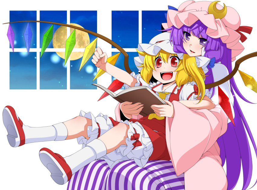 2girls arm_rest arm_up blonde_hair bloomers book clenched_hand commentary_request cravat crescent crescent_hair_ornament crystal double_bun dress eichi_yuu fangs flandre_scarlet full_moon hair_ornament hair_ribbon hat head_on_head head_tilt holding holding_book leg_lift light_particles long_hair long_sleeves looking_away mary_janes mob_cap moon multiple_girls night open_book open_mouth patchouli_knowledge pink_robe purple_eyes purple_hair red_eyes red_footwear red_skirt red_vest ribbon robe shoes short_hair side_ponytail sidelocks sitting sitting_on_lap sitting_on_person skirt socks striped striped_dress touhou tress_ribbon underwear upper_teeth very_long_hair vest white_legwear wings yellow_neckwear