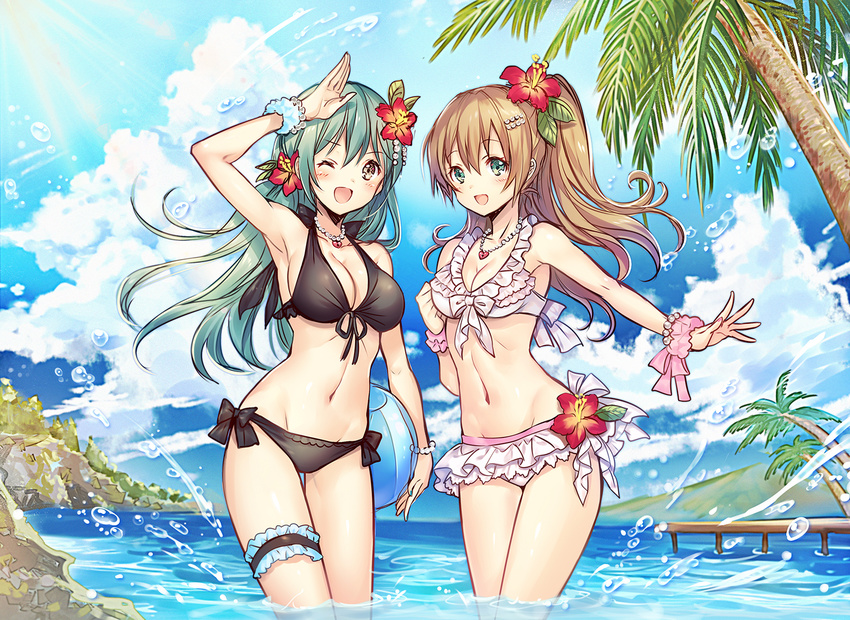 ;d alternate_costume ball beachball bikini black_bikini blush breasts brown_hair cleavage cloud commentary_request day flower front-tie_top green_eyes green_hair hair_flower hair_ornament hairclip heart-shaped_lock heart_lock_(kantai_collection) hibiscus jewelry kantai_collection kumano_(kantai_collection) leg_garter long_hair looking_at_viewer madogawa medium_breasts multiple_girls navel necklace one_eye_closed open_mouth palm_tree pearl_necklace ponytail side-tie_bikini sky smile suzuya_(kantai_collection) swimsuit tree water white_bikini