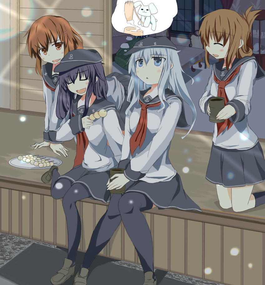 akatsuki_(kantai_collection) anchor_symbol brown_eyes brown_hair closed_eyes commentary_request cup dango folded_ponytail food grey_eyes hair_ornament hairclip hibiki_(kantai_collection) highres ikazuchi_(kantai_collection) imagining inazuma_(kantai_collection) kantai_collection kine long_hair mallet mochi mochitsuki moon_rabbit mortar multiple_girls neckerchief open_mouth pantyhose purple_hair red_neckwear school_uniform serafuku short_hair silver_hair skewer thighhighs thought_bubble wagashi yunomi yuu_(alsiel)