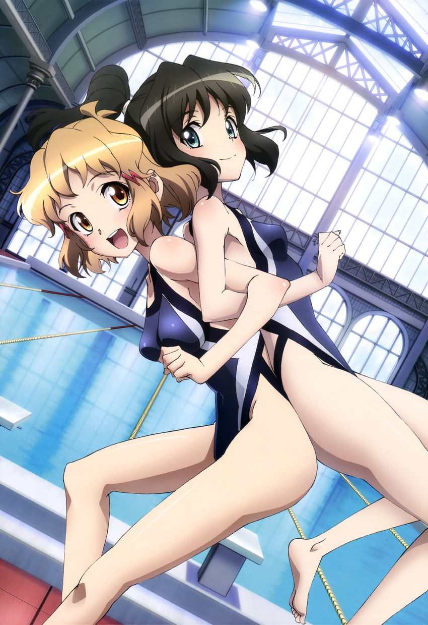 :d absurdres arch back-to-back bare_legs barefoot black_hair blue_eyes breasts brown_eyes brown_hair carrying column competition_swimsuit dutch_angle from_side hair_ornament hairclip highres indoors kohinata_miku lane_line leaning_forward legs light locked_arms looking_at_viewer looking_to_the_side lydian_academy_swimsuit medium_breasts multiple_girls non-web_source nyantype official_art one-piece_swimsuit open_mouth pillar ponytail pool poolside senki_zesshou_symphogear short_hair skylight small_breasts smile standing swimsuit tachibana_hibiki_(symphogear) tile_floor tiles water window