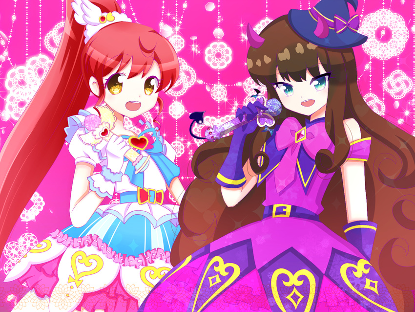 belt blue_eyes brown_hair chouhana elbow_gloves gloves hat highres horns kurosu_aroma long_hair microphone multiple_girls pink_background pink_hair ponytail pretty_(series) pripara ribbon shiny shiratama_mikan transparent very_long_hair yellow_eyes