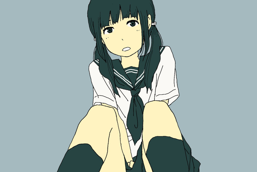 1girl bangs black_hair black_legwear black_skirt blue blue_background blunt_bangs female green_eyes hair_ornament hair_pin head_tikt head_tilt hosoo kneehighs muted_color open_mouth original parted_lips school_uniform serafuku simple_background skirt solo teeth twintails