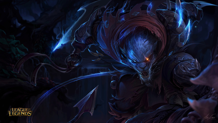 alex_flores anthro armor blue_eyes claws feline glowing glowing_eyes league_of_legends lion looking_at_viewer male mammal mushroom necklace official_art open_mouth rengar saliva solo spade_tail teeth video_games waterfall weapon white_lion yellow_eyes