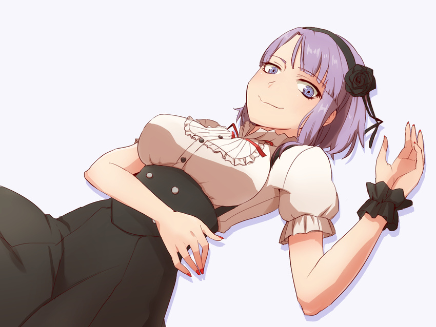 breasts dagashi_kashi flower frills hair_flower hair_ornament hairband high-waist_skirt large_breasts lying nail_polish purple_eyes purple_hair shidare_hotaru short_hair skirt smile solo upper_body wrist_cuffs zarigani_tarou