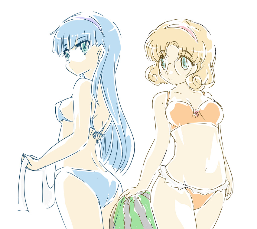 ass bikini blonde_hair blue_eyes blue_hair blue_hairband food fruit glasses green_eyes hairband highres hououji_fuu long_hair magic_knight_rayearth multiple_girls okuri_ookami ryuuzaki_umi short_hair swimsuit watermelon