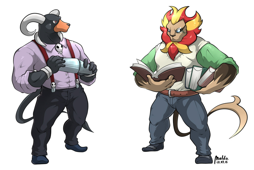 anthro belt blue_eyes book canine clothed clothing duo eyewear feline footwear fur hair horn houndoom lion maldu male mammal monocle nintendo pok&eacute;mon pyroar reading red_eyes shoes video_games