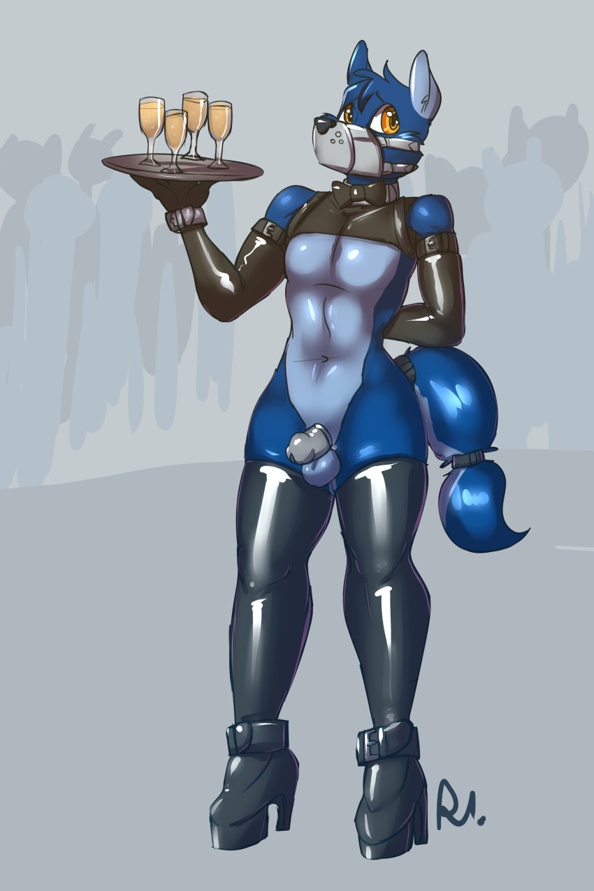 2018 amber_eyes armwear bluecoffeedog canine chastity chastity_cage clothed clothing crossdressing dog elbow_gloves footwear gag gloves high_heels legwear liberty_(bluecoffeedog) male mammal muzzle_(object) platter rubber shackles shoes solo stockings wine_glass